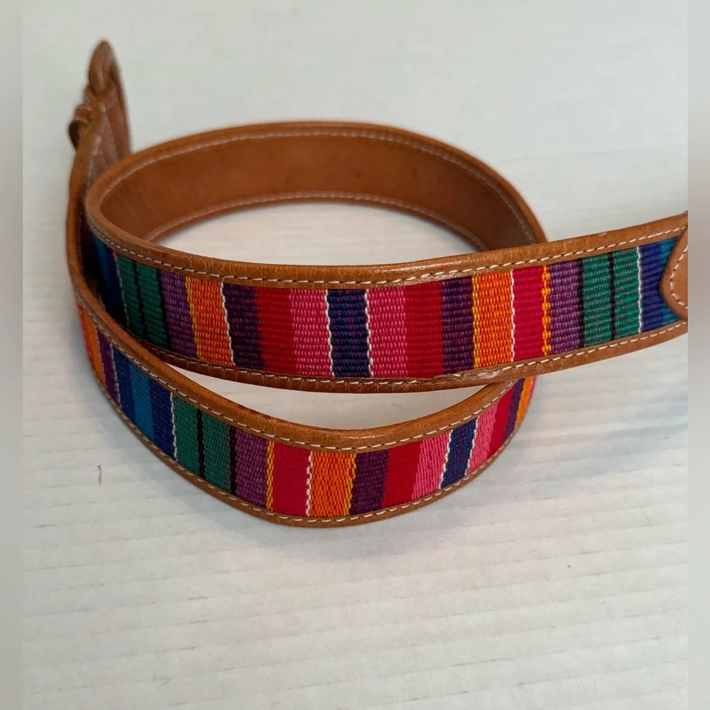 Vintage Handmade Leather and Colorful Woven Tapestry Women's Belt Sz 34 Med